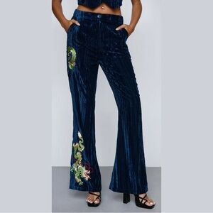 Nasty Gal Dark Blue Velvet Flare Pants Dragon Embroidered Y2K Boho US 10